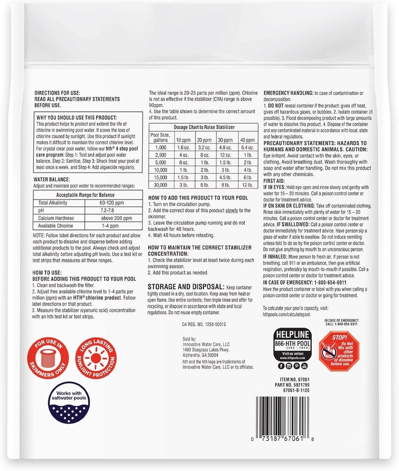 HTH 67061 Swimming Pool Care Pool Care Stabilizer, Swimming Pool Chemical Helps Chlorine Last Longer, Sunlight Protection, 4 Lbs - Image 2